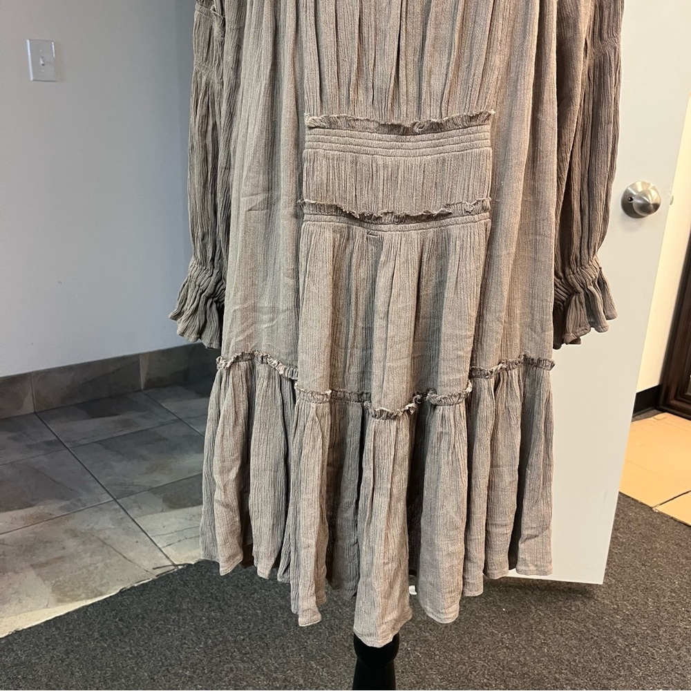 Free People Flowy Pleated Mini Dress XS Oversized Smocked Long Sleeve Boho - Picture 3 of 11
